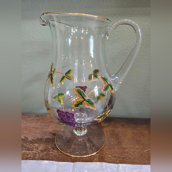 Romanian Stained Glass Pitcher with Grape and Leaf Design With 22k Gold Trim - Picture 2 of 6
